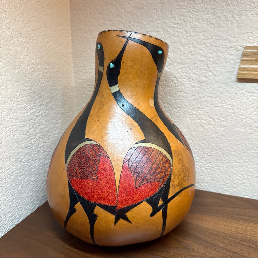 Signed Jimi Nalani Painted Ceremonial Cranes Spirit Gourd Pottery Turquoise Eyes